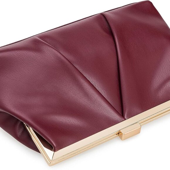 Faux Leather Clutch Purse Ruched PU Metal Frame Formal Evening Bag with Pearl St - Picture 4 of 6